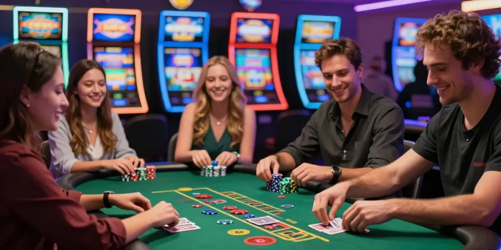 Scène de Casino En Ligne avec des joueurs souriants autour d'une table de blackjack.