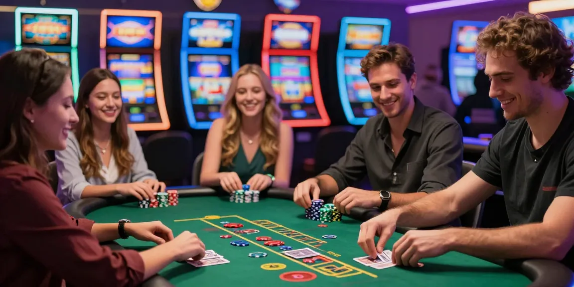 Scène de Casino En Ligne avec des joueurs souriants autour d'une table de blackjack.