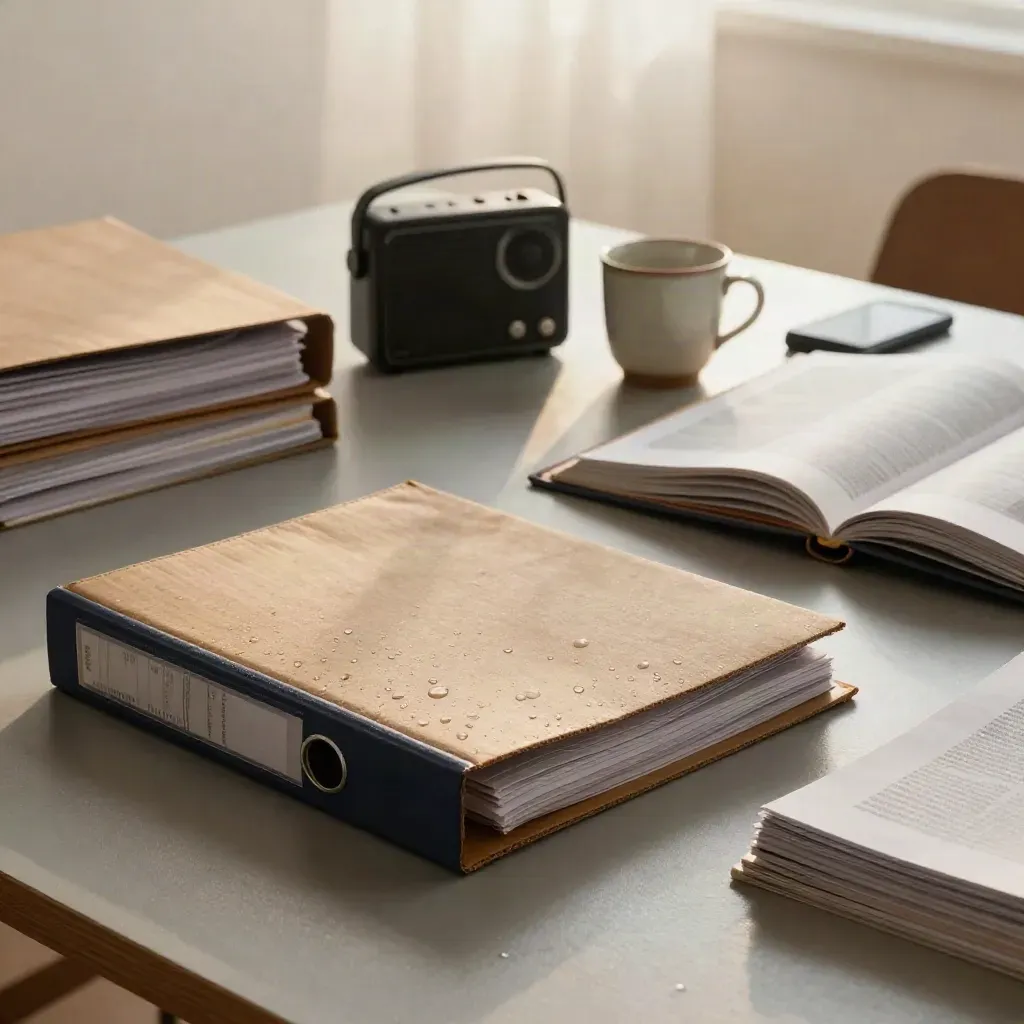 Montage de veille éditoriale sur table claire, dossiers, fiches pliées, radio et tasse.