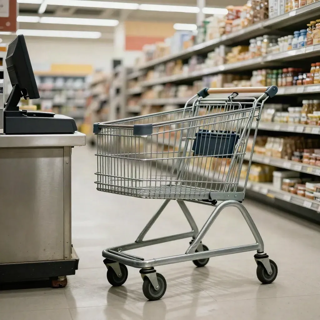 Allée de supermarché à l’ouverture, caddie vide, paniers, balances et caisse éteinte.