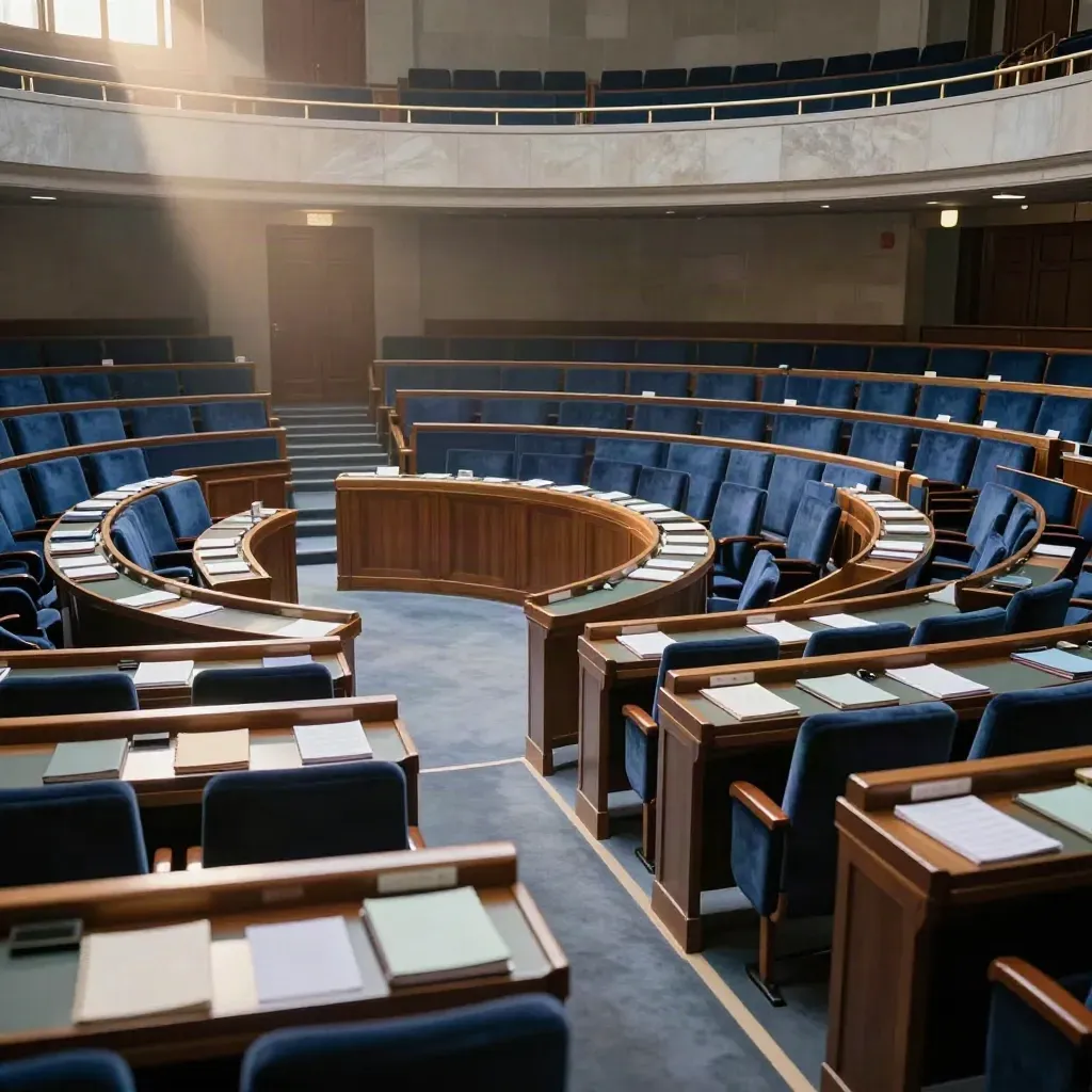 L’hémicycle vide après le vote du budget, sièges relevés et dossiers empilés.