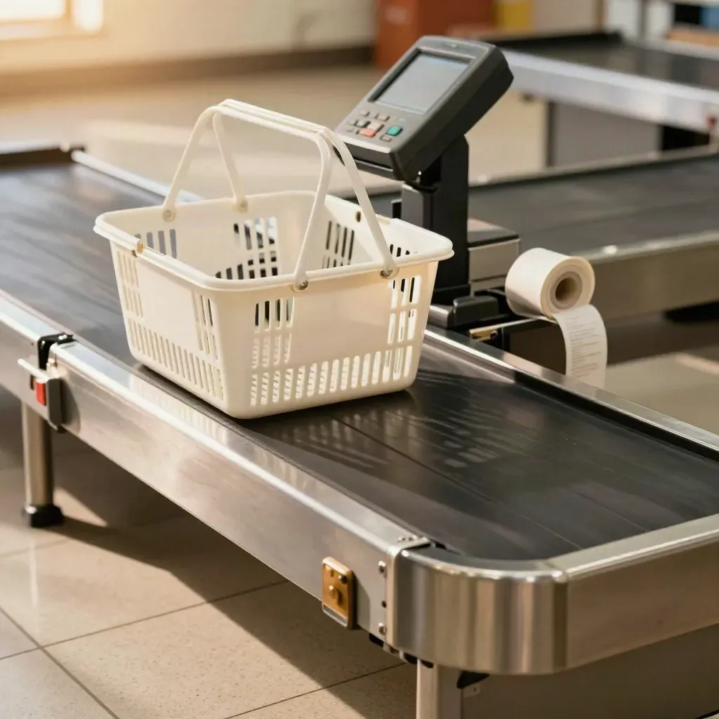 Caisson de supermarché avec tapis, panier, terminal de paiement et rouleau de tickets flous.