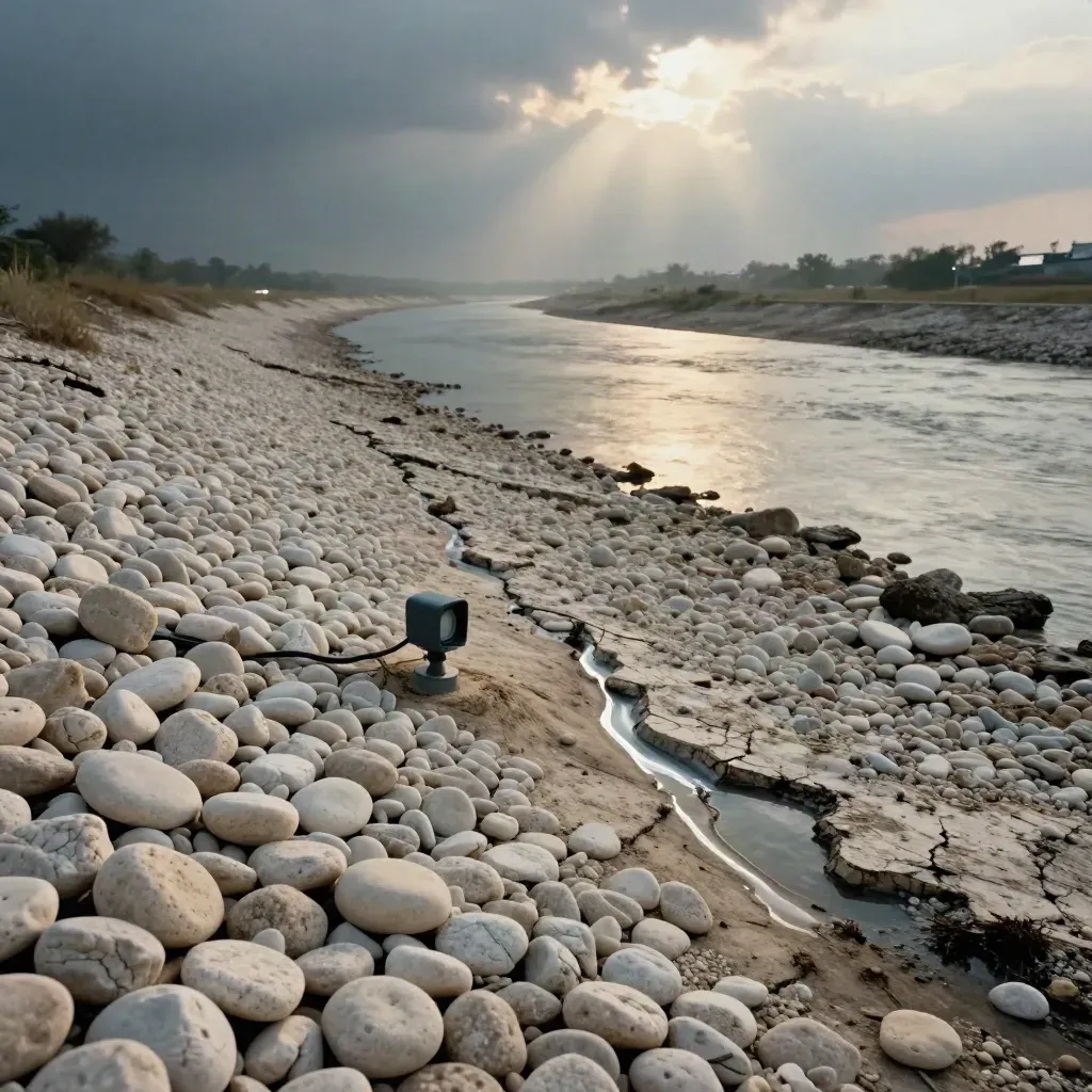 Lit de rivière presque sec, ruban d’eau, capteur météo bas et ciel qui s’ouvre après l’orage.