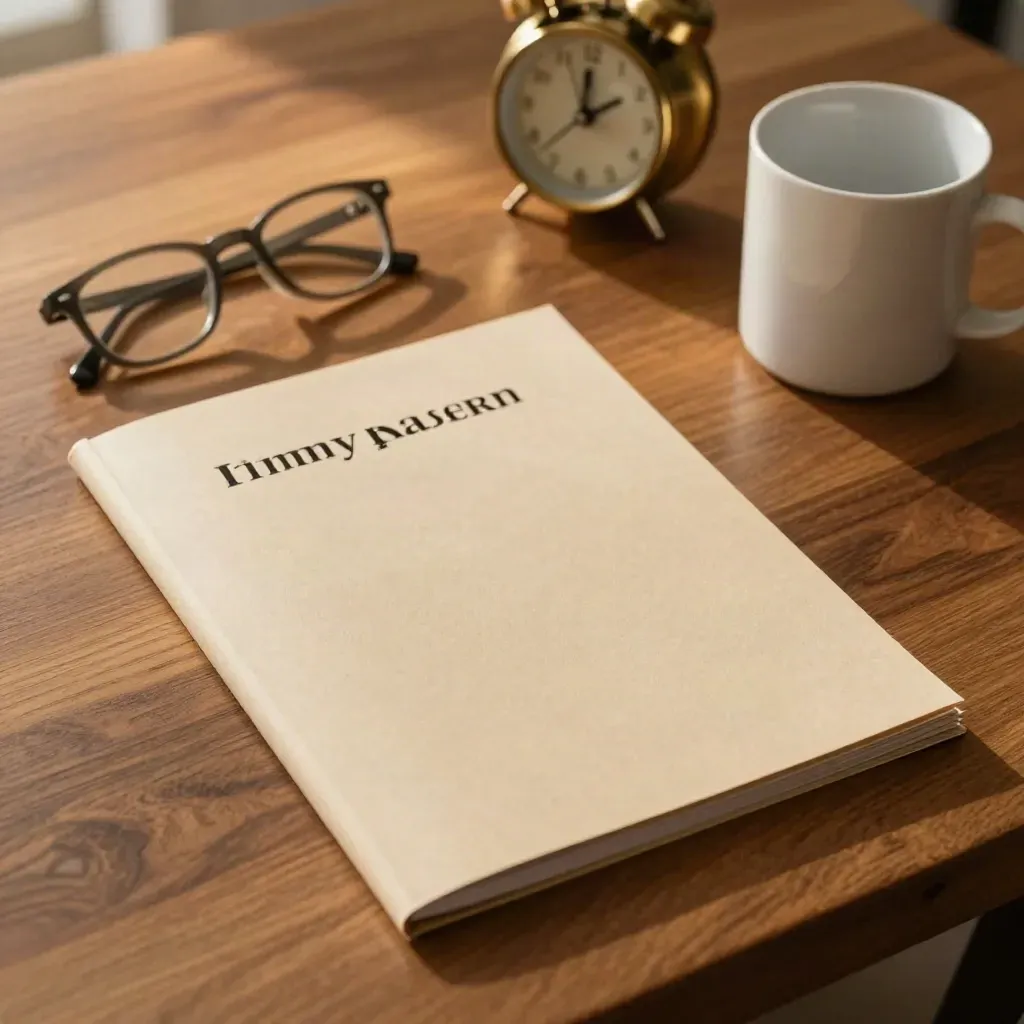 dossier de carrière fermé sur une table de cuisine, avec lunettes, réveil et mug à la lumière dorée