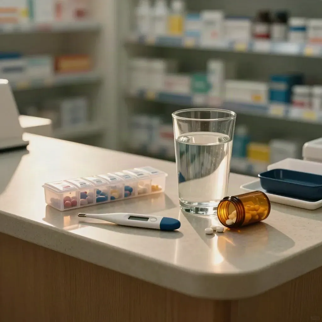 Comptoir de pharmacie avec pilulier, verre d’eau, thermomètre éteint et flacon renversé.