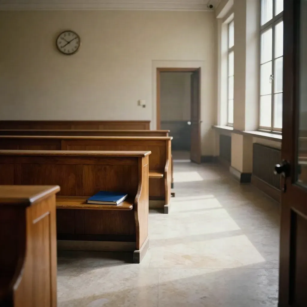 Salle de tribunal administratif vide, dossier fermé et porte entrouverte dans une lumière douce.