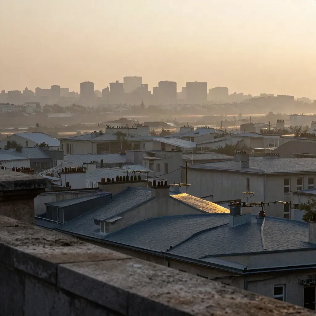 Panorama urbain sous smog, toits gris, cheminées lointaines et circulation floue depuis une terrasse.