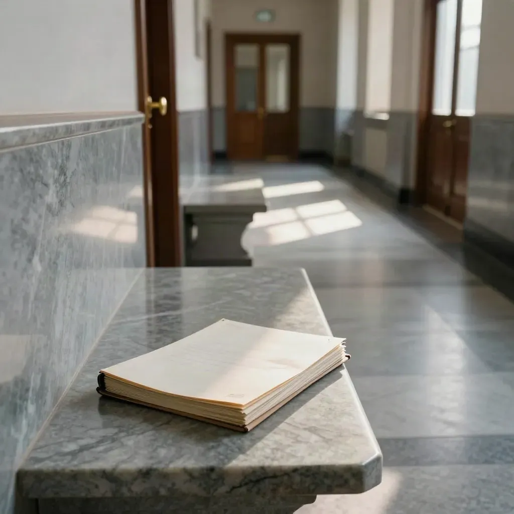 Couloir vide de palais de justice avec marbre, bancs, porte vitrée et dossier scellé, traversé par un rayon