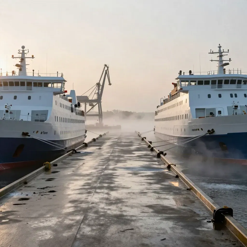 Terminal portuaire au matin, ferries, grues et brume saline sur les quais.