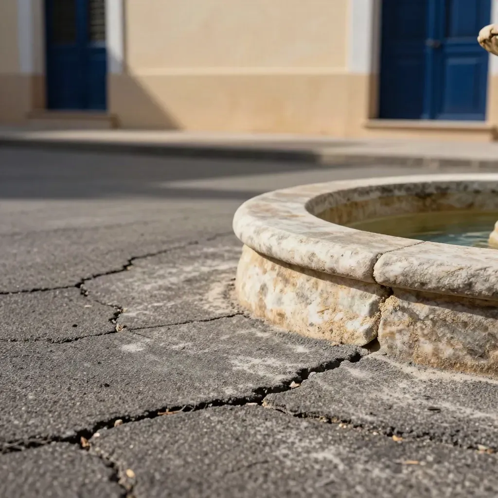 Cour d’immeuble écrasée de chaleur, goudron vibrant, fontaine sèche et volets bleu nuit.