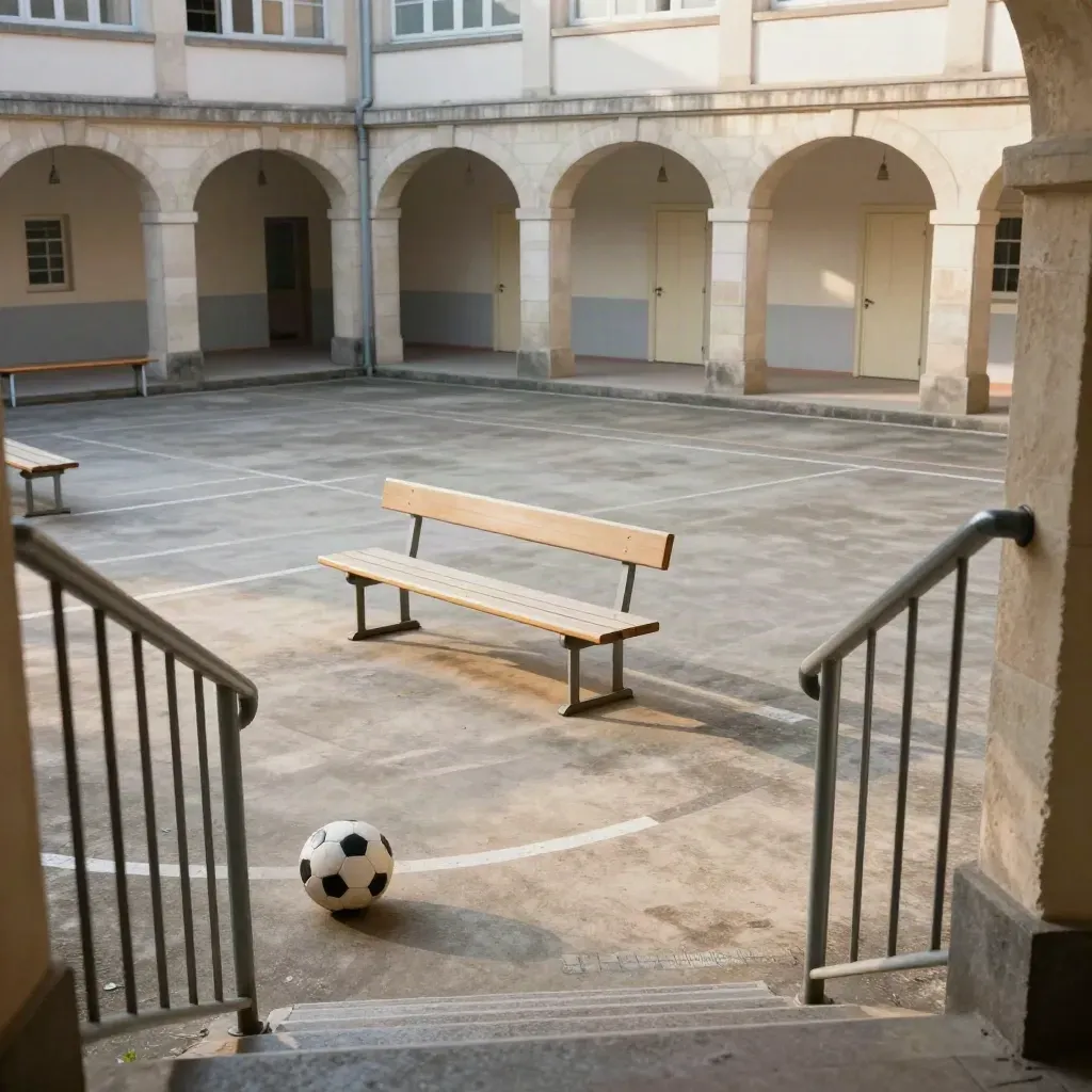 Cour d’école vide au matin, bancs, ballon immobile et portes closes vues depuis un escalier.