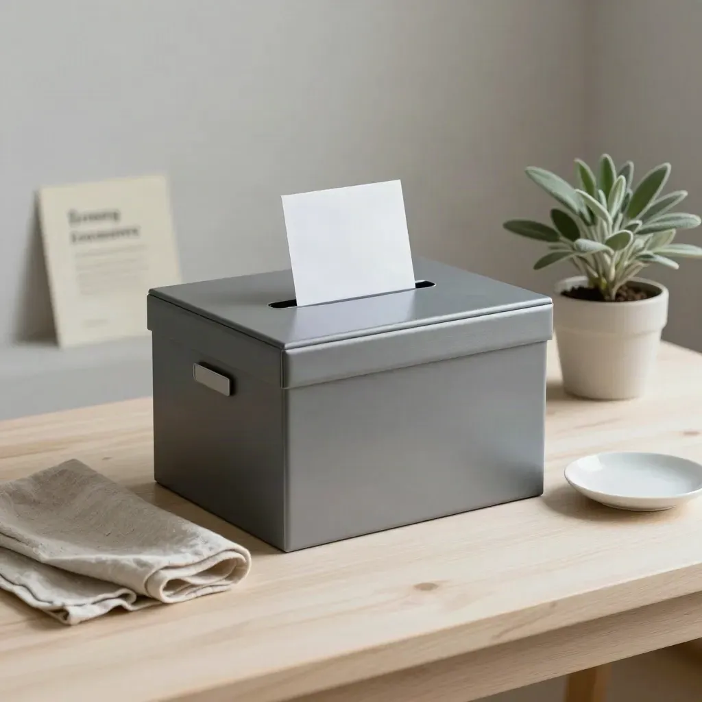 Urne de vote métallique, plante, tissu plié et disque en céramique sur bois clair.