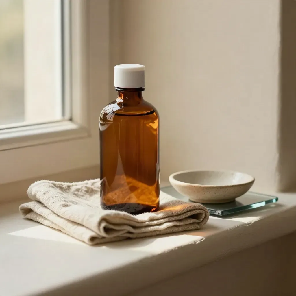 Flacon ambré de pharmacie avec linge clair et soucoupe en céramique sur fond crème.
