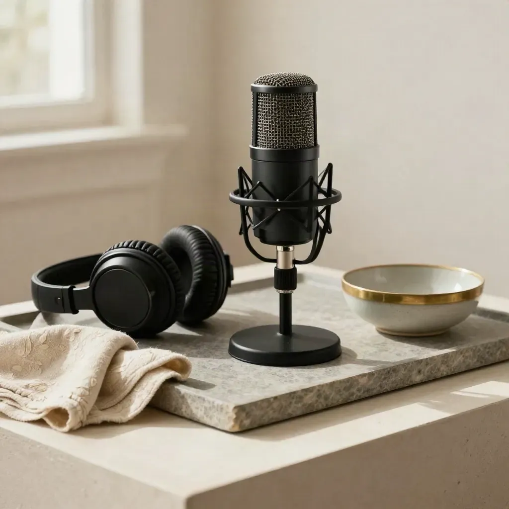 Micro podcast noir, casque, linge plié et coupe en céramique sur plateau de pierre.