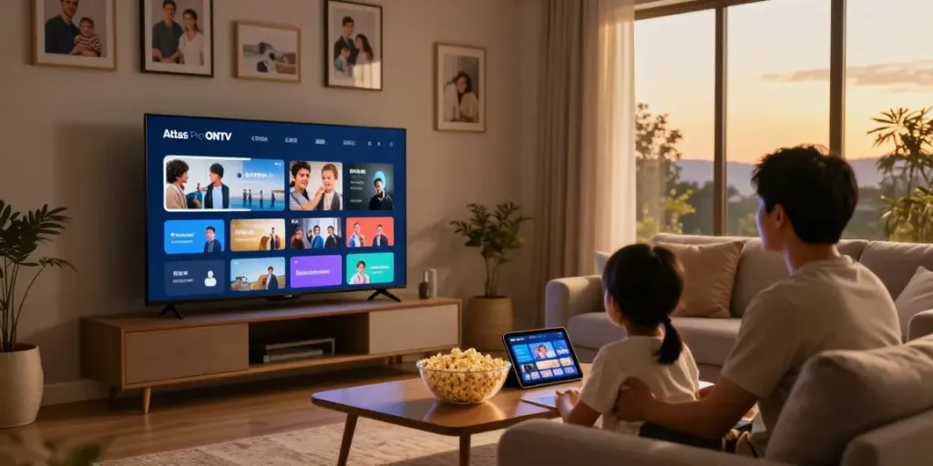 Famille utilisant l'application Atlas Pro ONTV pour une soirée cinéma à la maison.