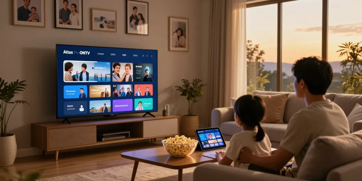 Famille utilisant l'application Atlas Pro ONTV pour une soirée cinéma à la maison.